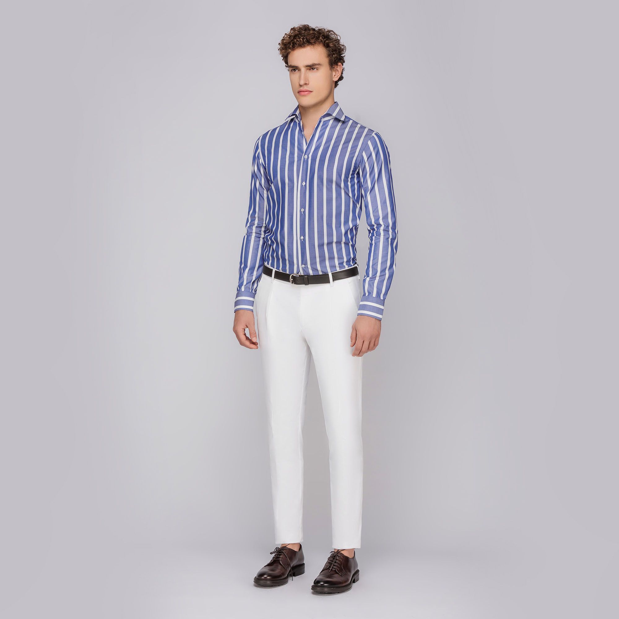 Men's bold striped royal blue cotton shirt
