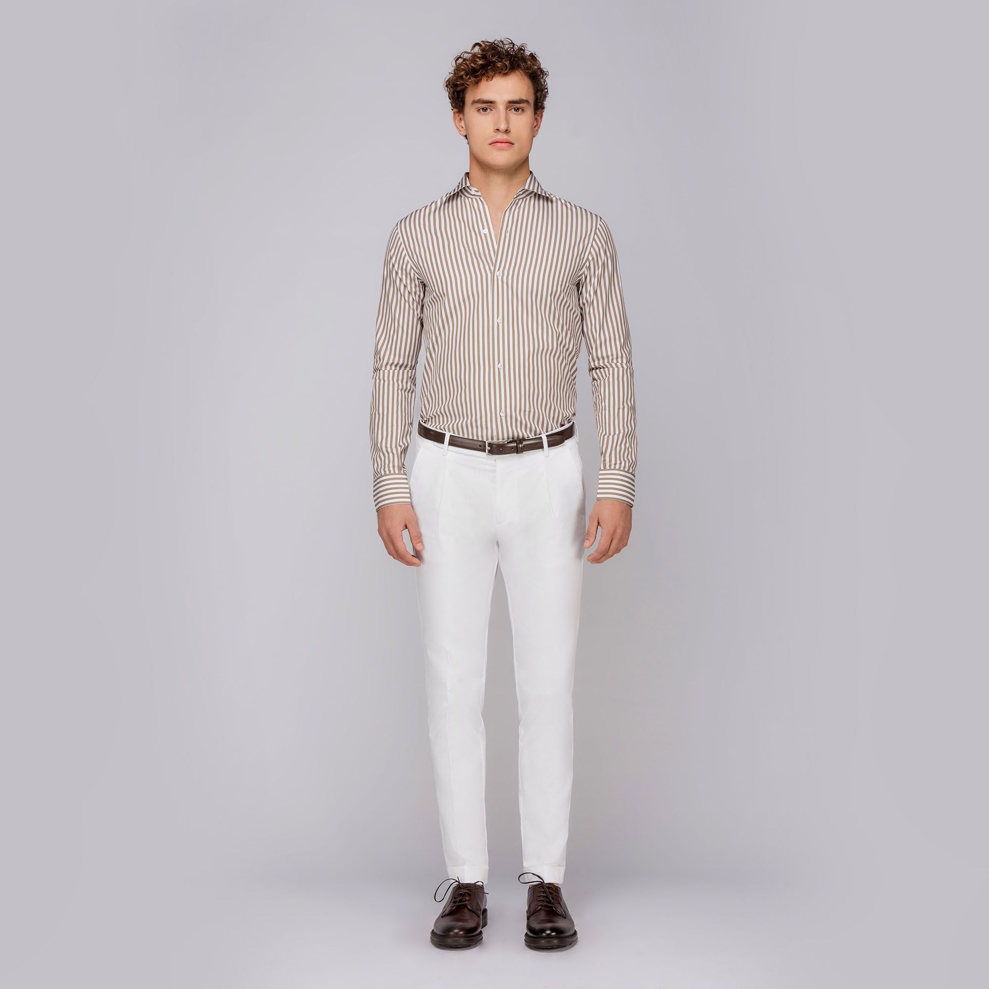 Men's Light Brown Bold Striped Shirt Slim