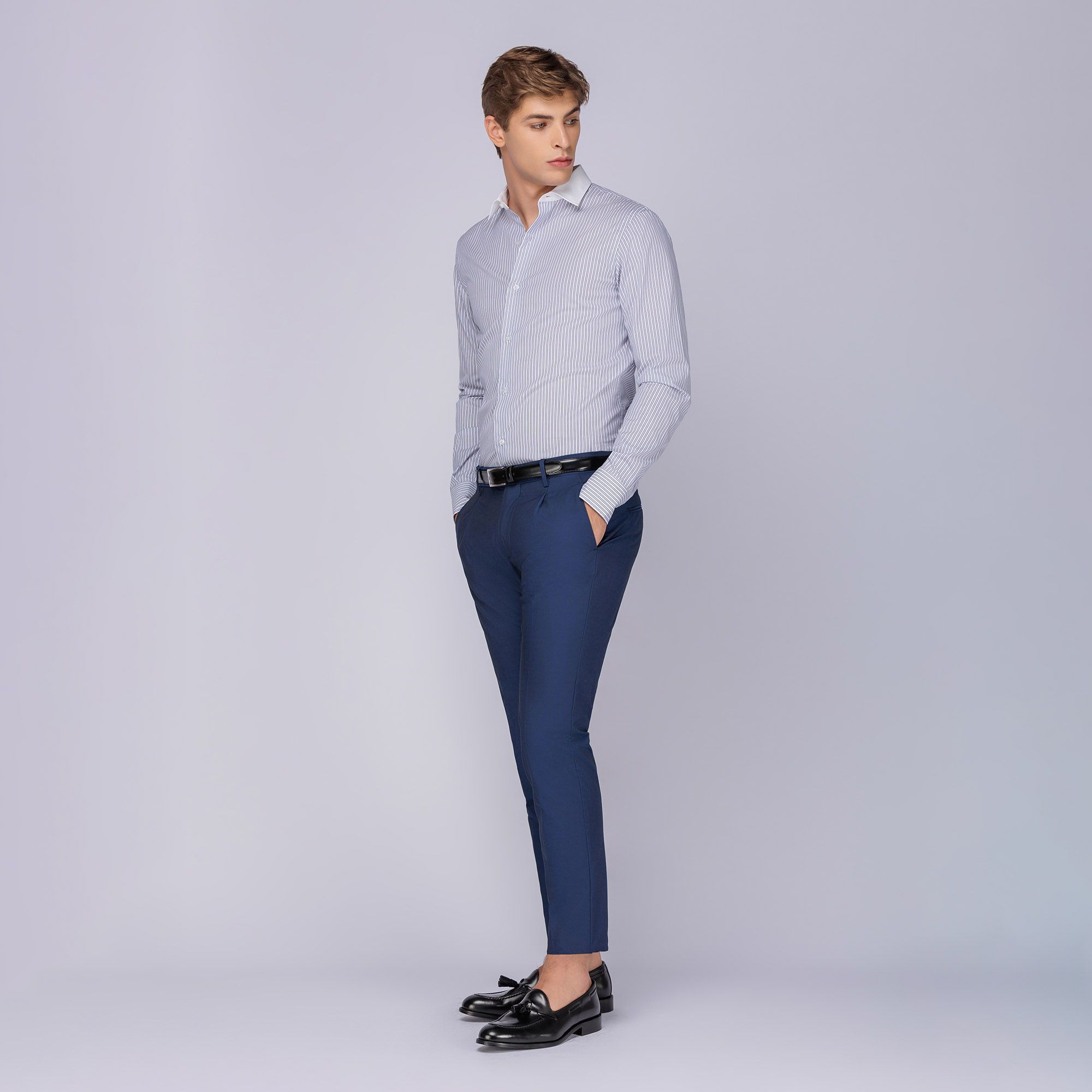 Blue striped white collar shirt