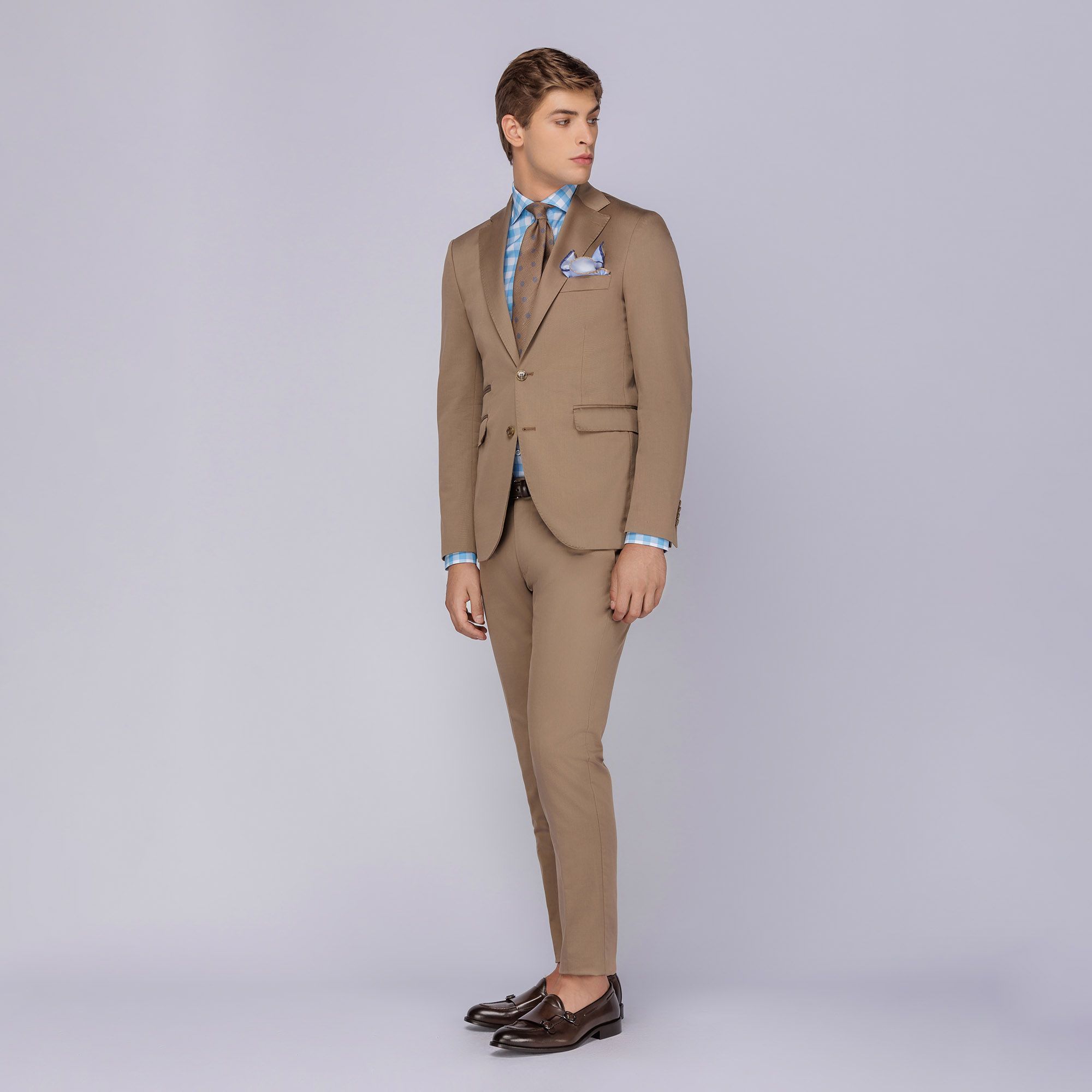 Men's Beige Suit Herringbone