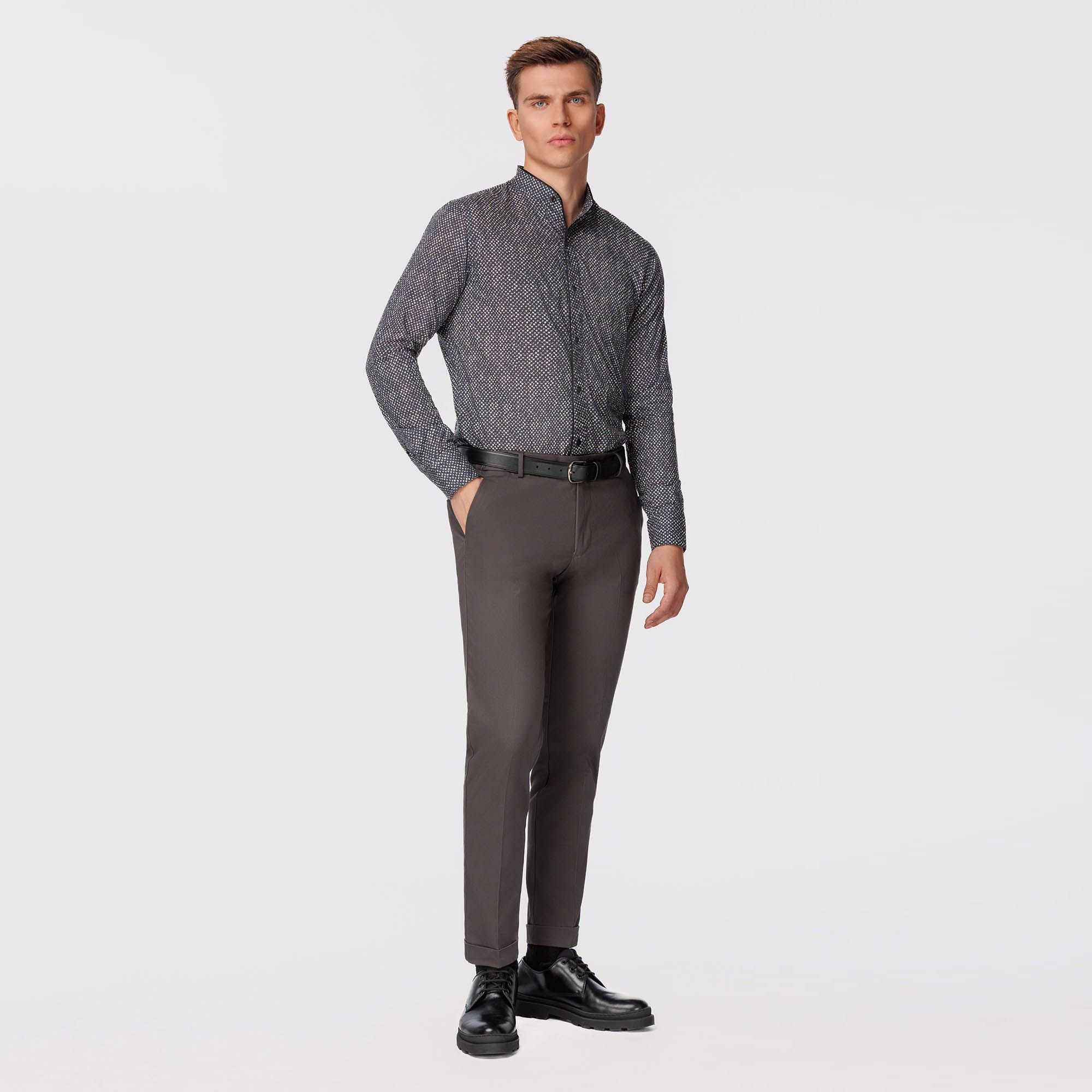 Micro print mandarin collar shirt