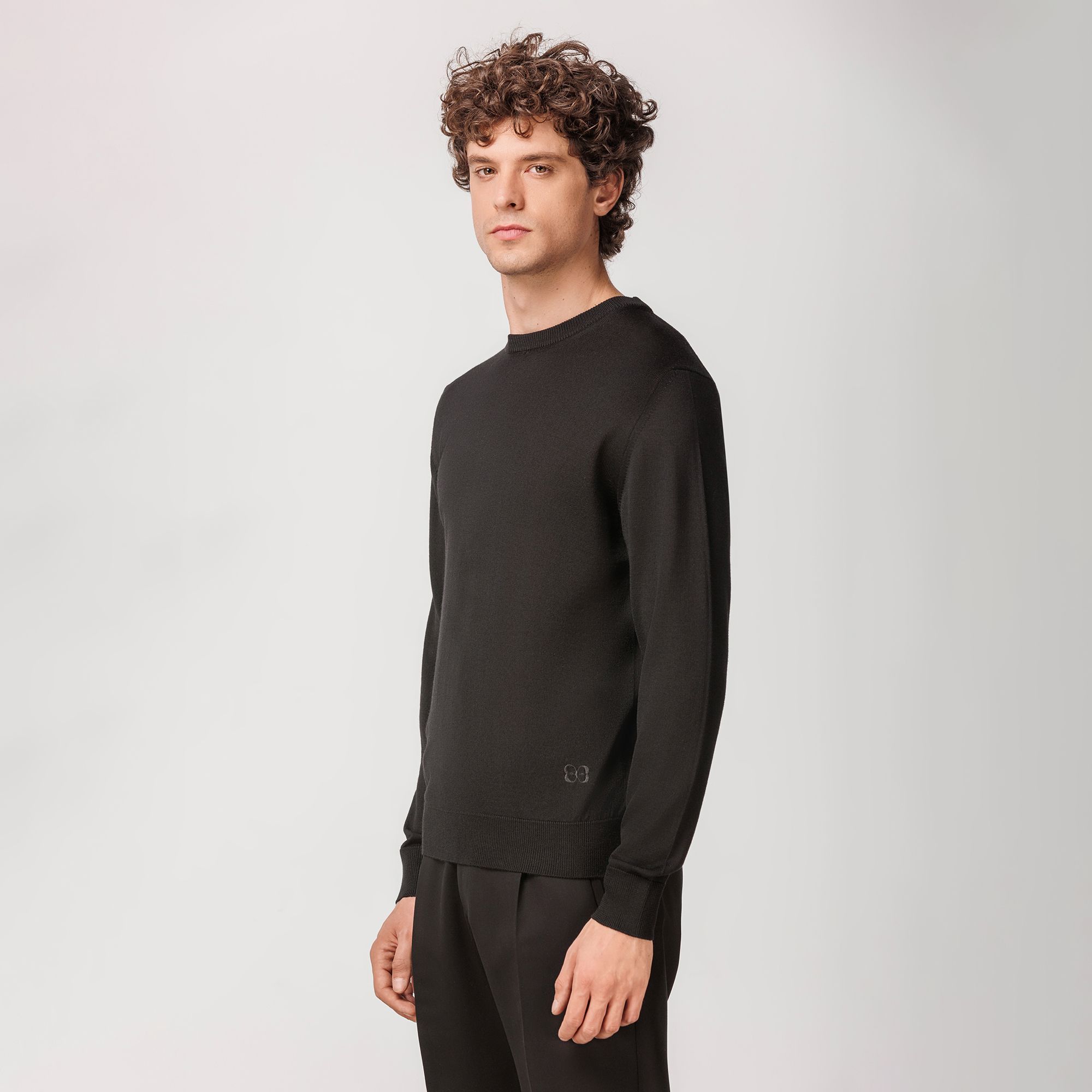 Black Extrafine Merino Wool Crewneck 