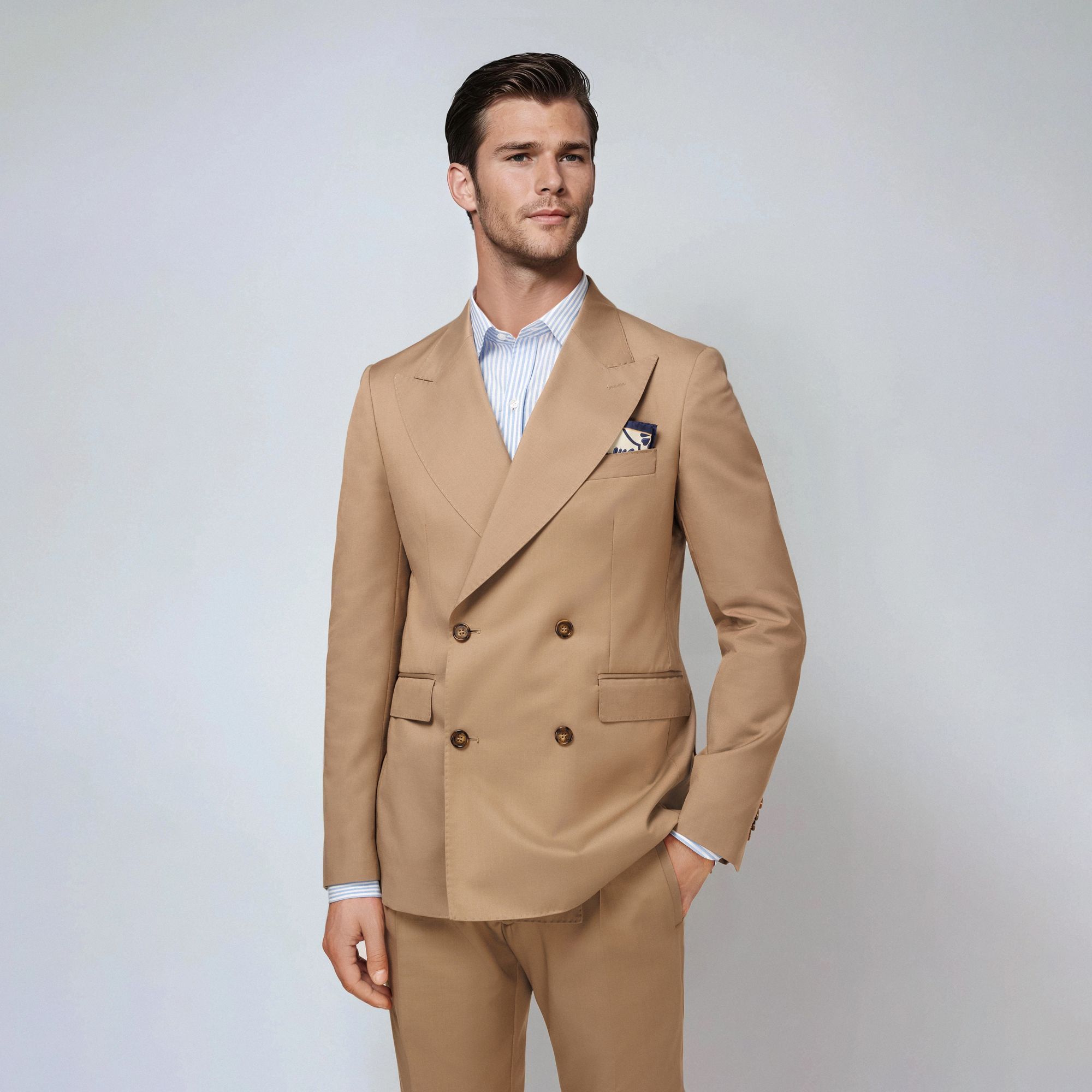 Men’s Total Look – Beige Double-Breasted Suit with Striped Shirt 