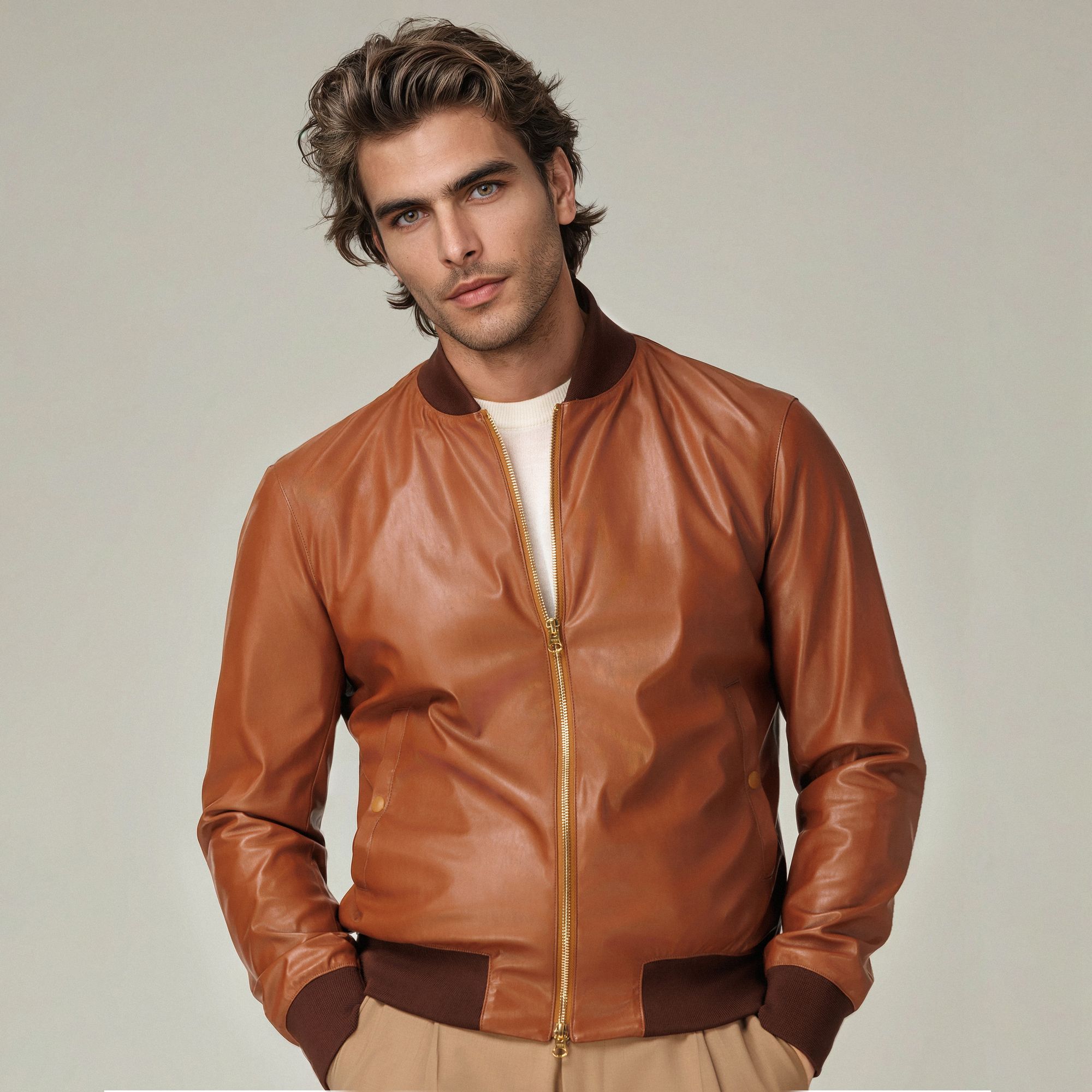 Cognac Brown Bomber Jacket