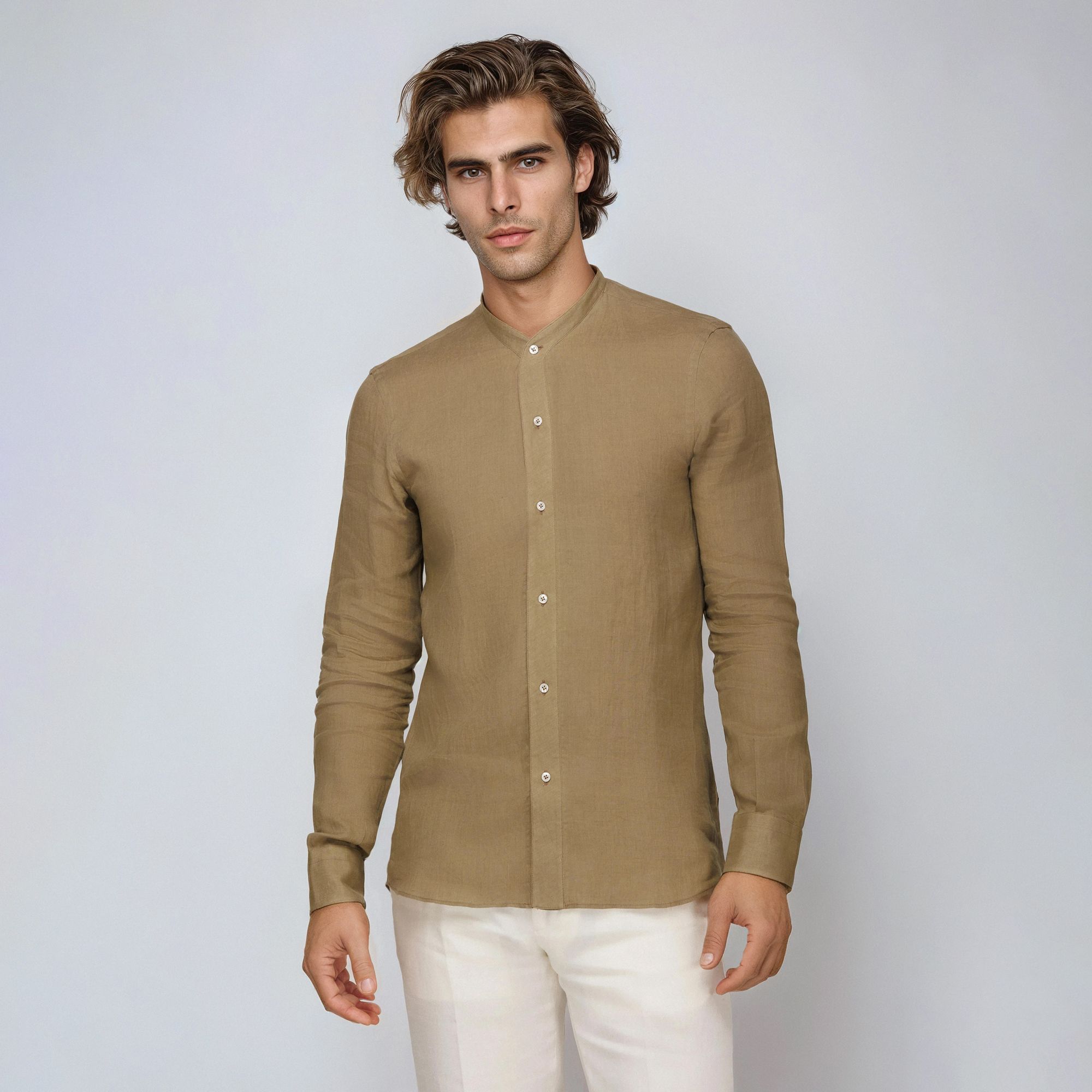 Men’s Olive Linen Band Collar Shirt