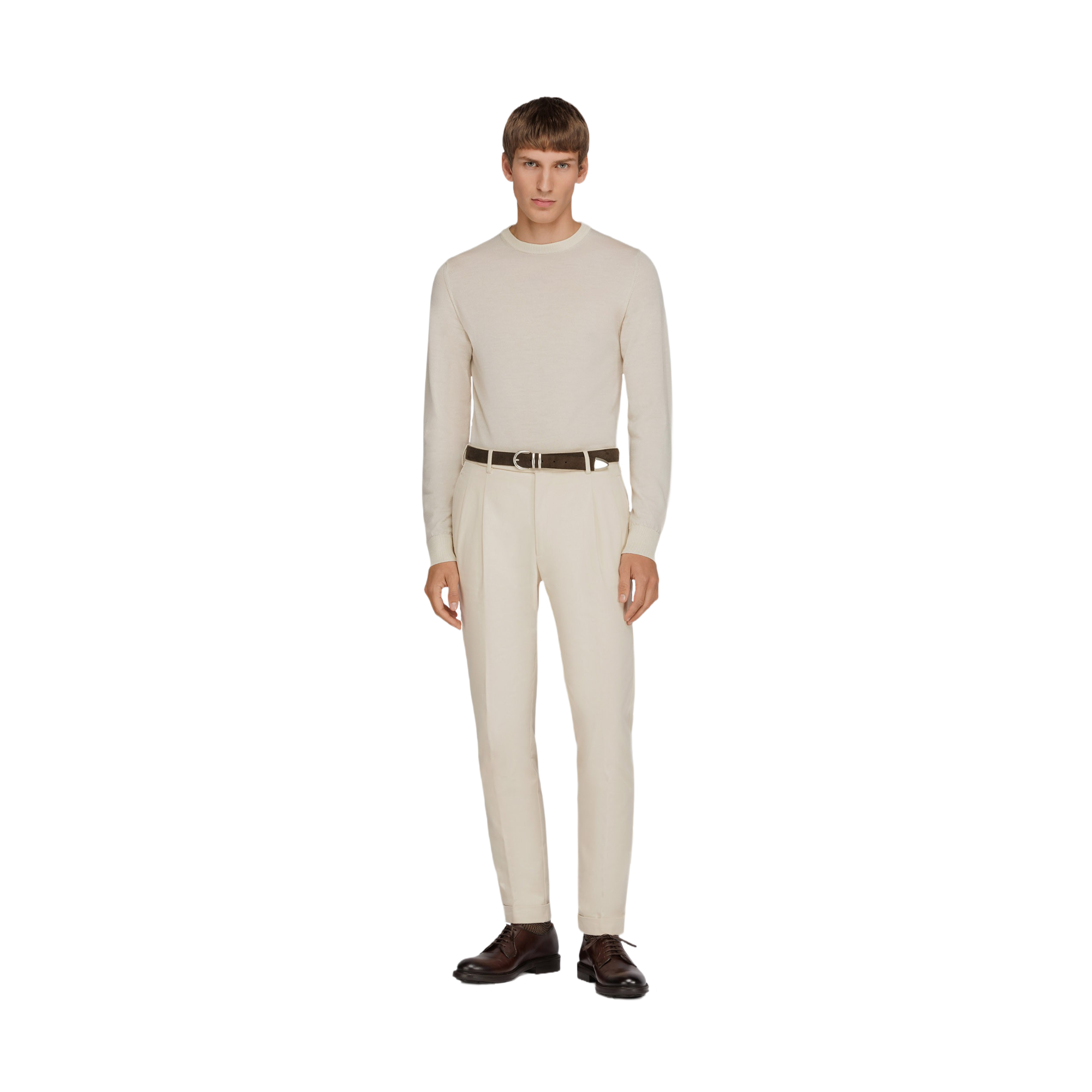 Men's Beige Double Pleated Cotton Pants