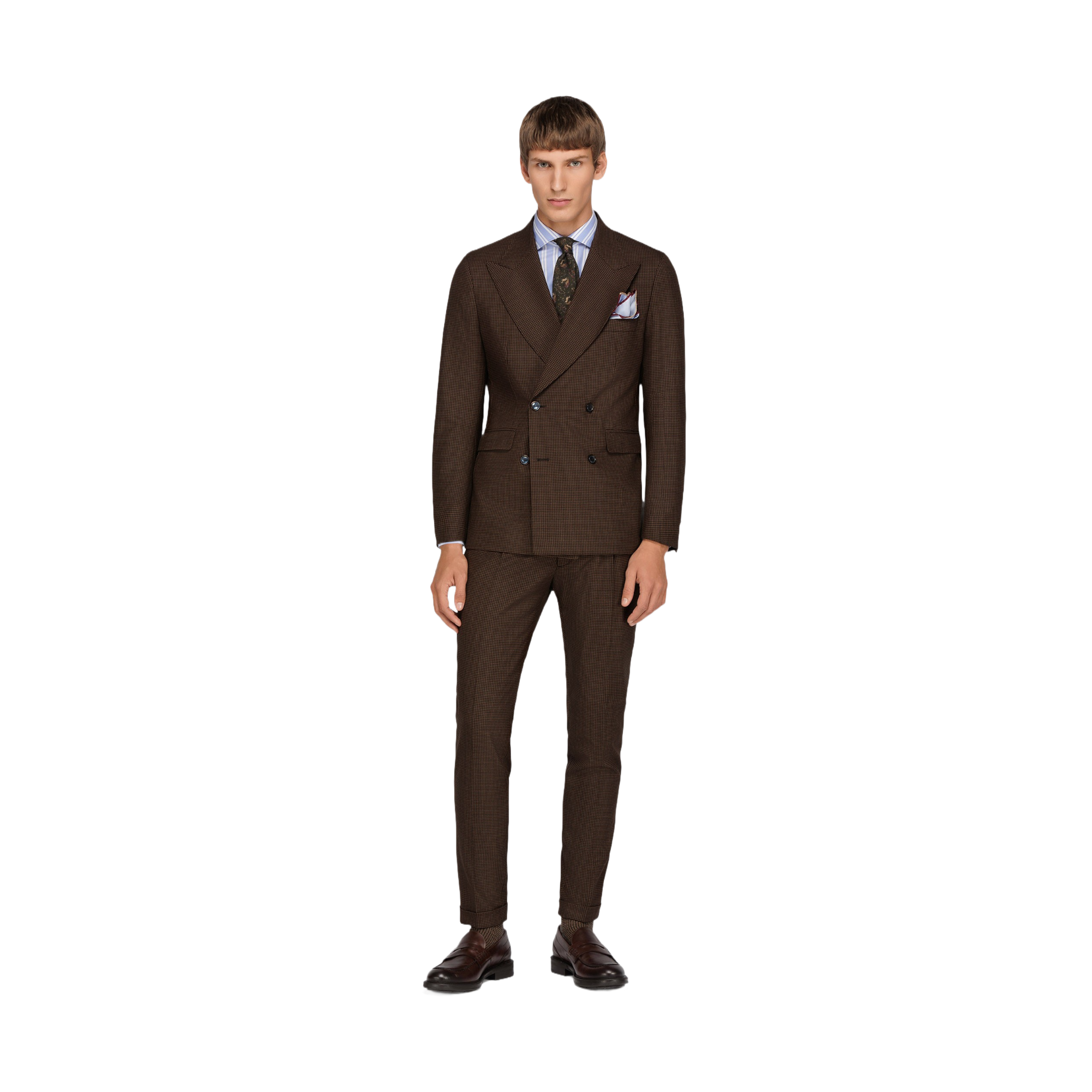 Men's Pie De Poule Brown Double Breasted Suit