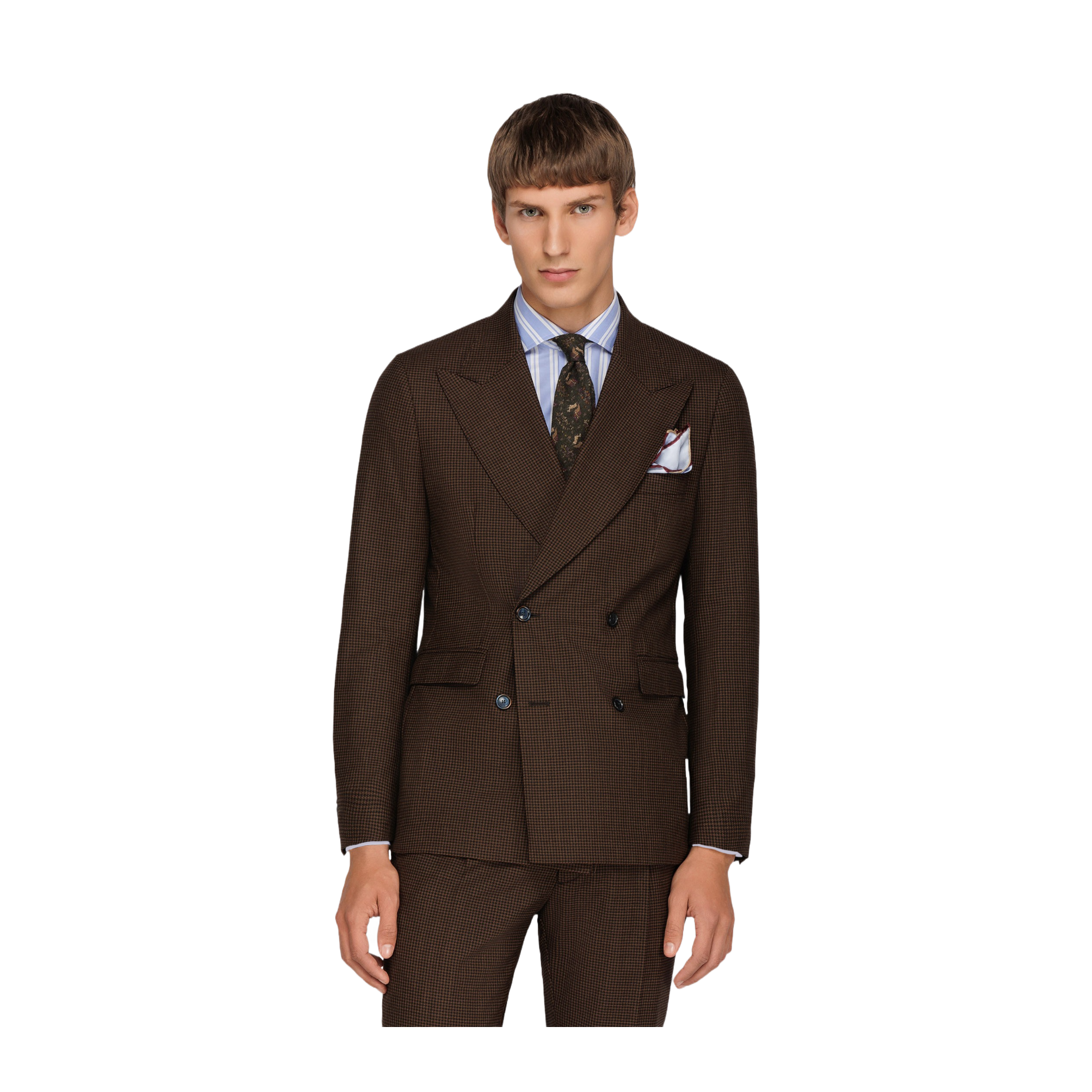 Men's Pie De Poule Brown Double Breasted Suit