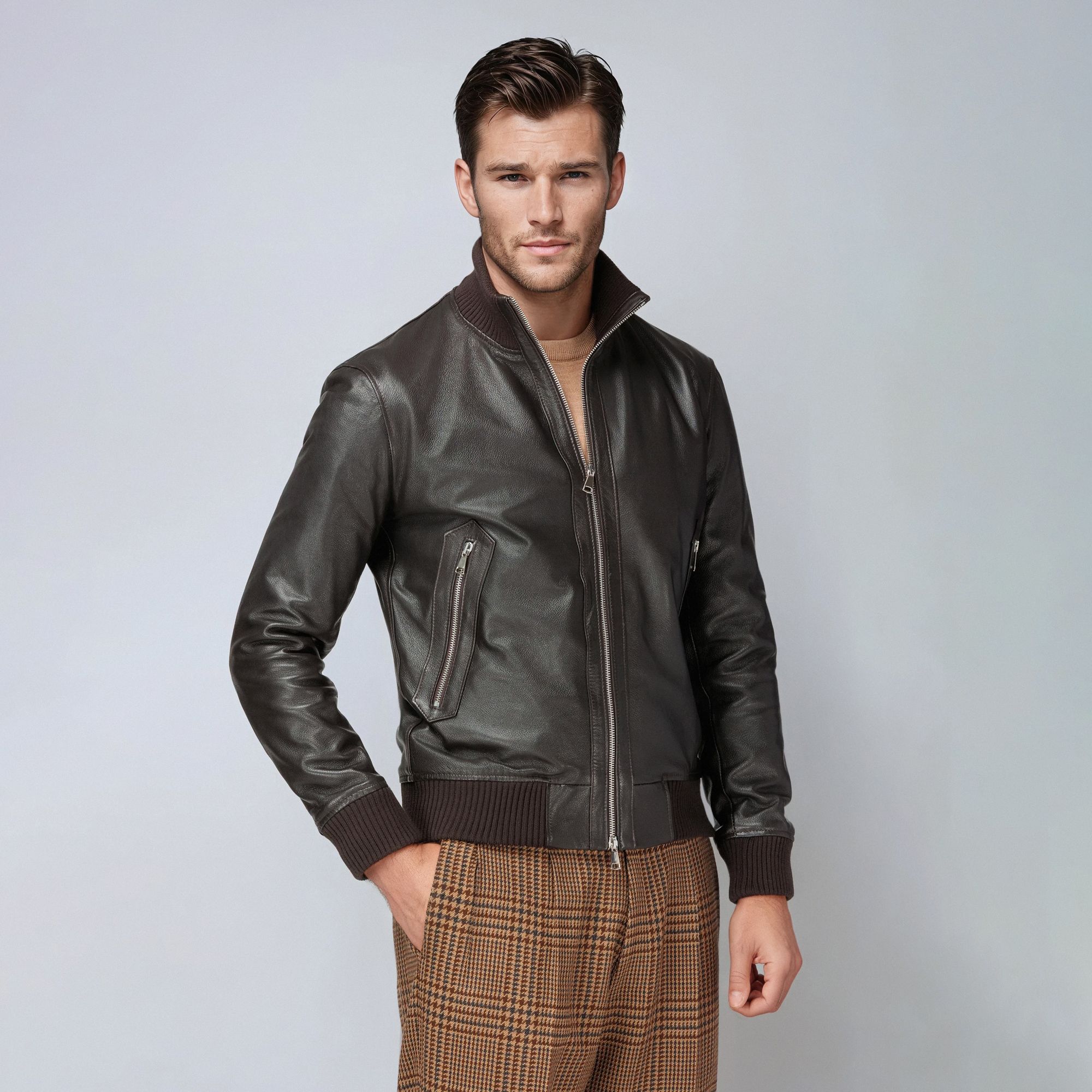 Total Look: Brown Leather Bomber – Modern Heritage Smart Casual