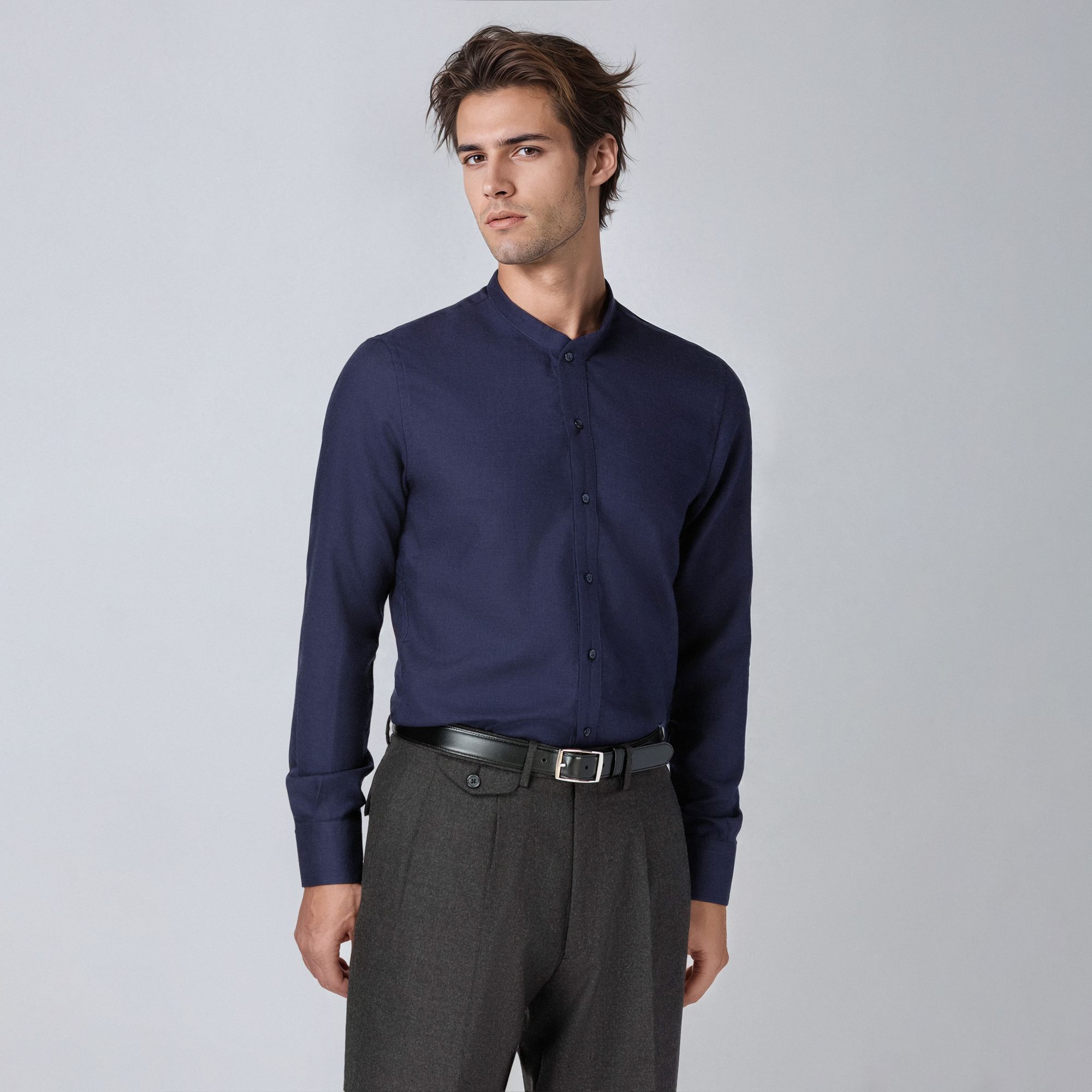 Men’s Virgin Wool Band Collar Navy Shirt 